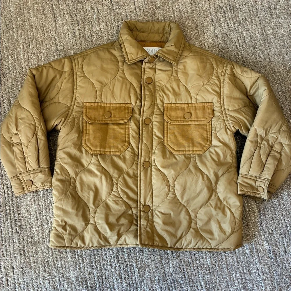 Zara Kids Tan Quilted Puffer Jacket Size 6-7 Snap Closure